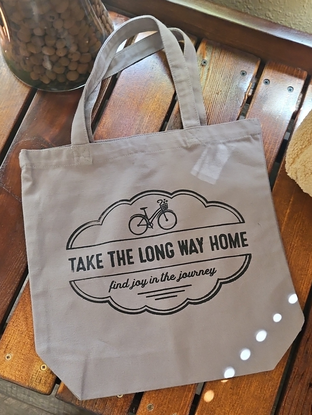 Take The Long Way Home Canvas Tote Bag - Taupe with Black Print